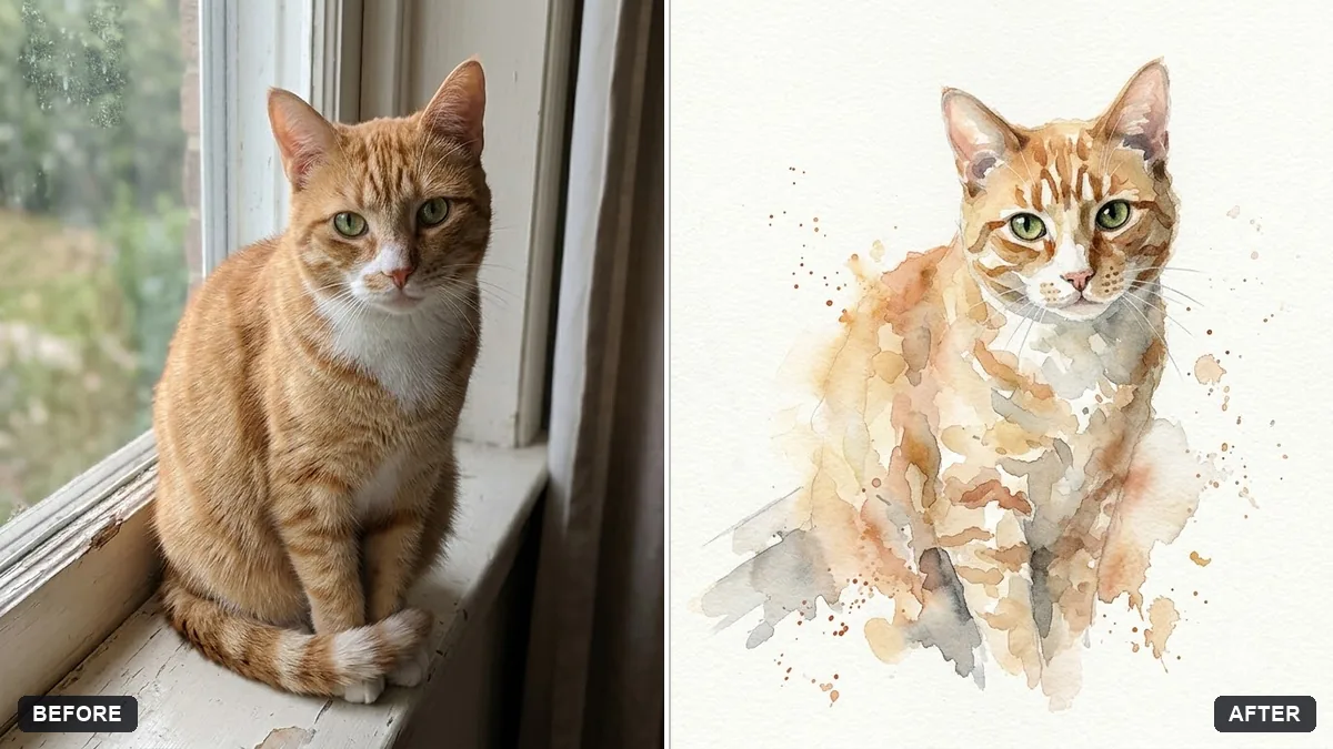 Before and after example: Pet watercolour portrait