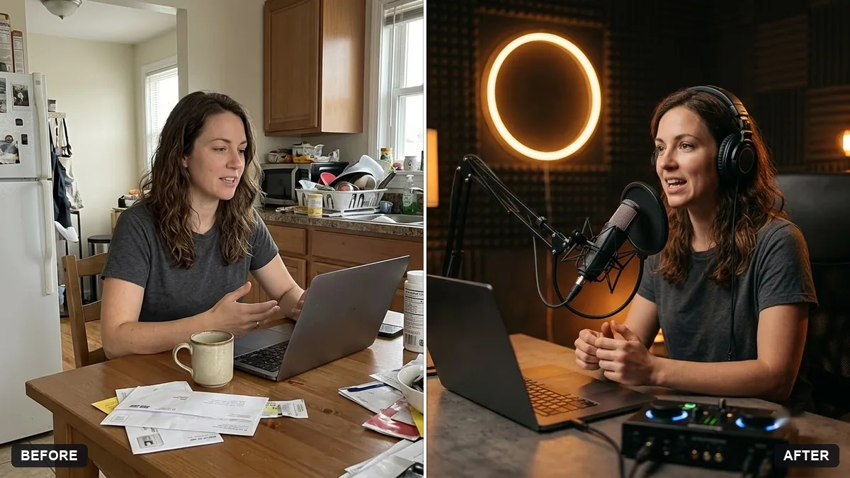 Before and after example: Podcast host in the studio