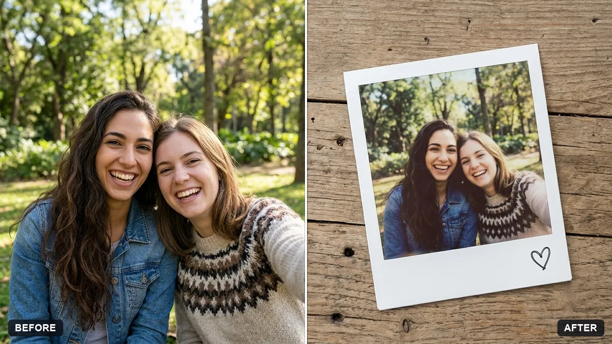 Before and after example: Polaroid-style instant photo with handwriting