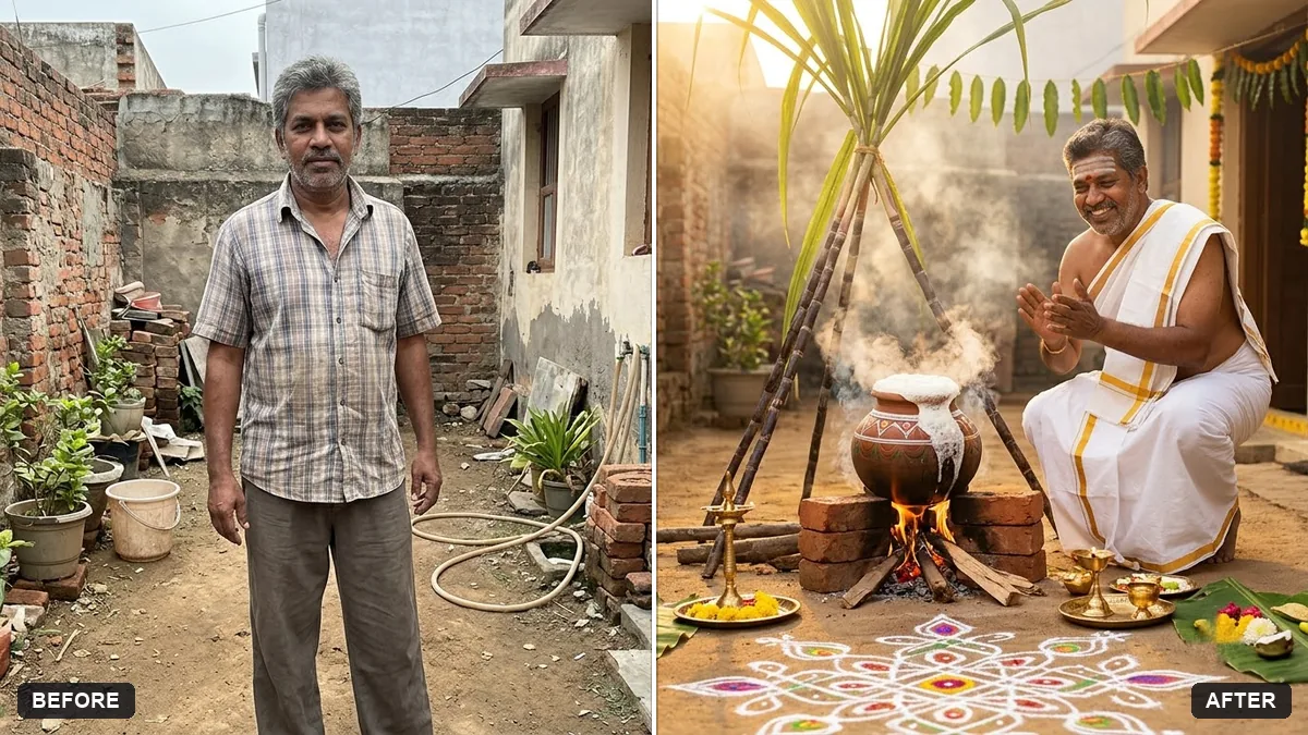 Before and after example: Pongal traditional portrait