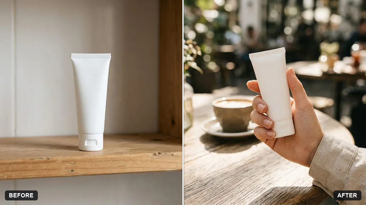 Before and after example: Product held in a hand for a lifestyle shot