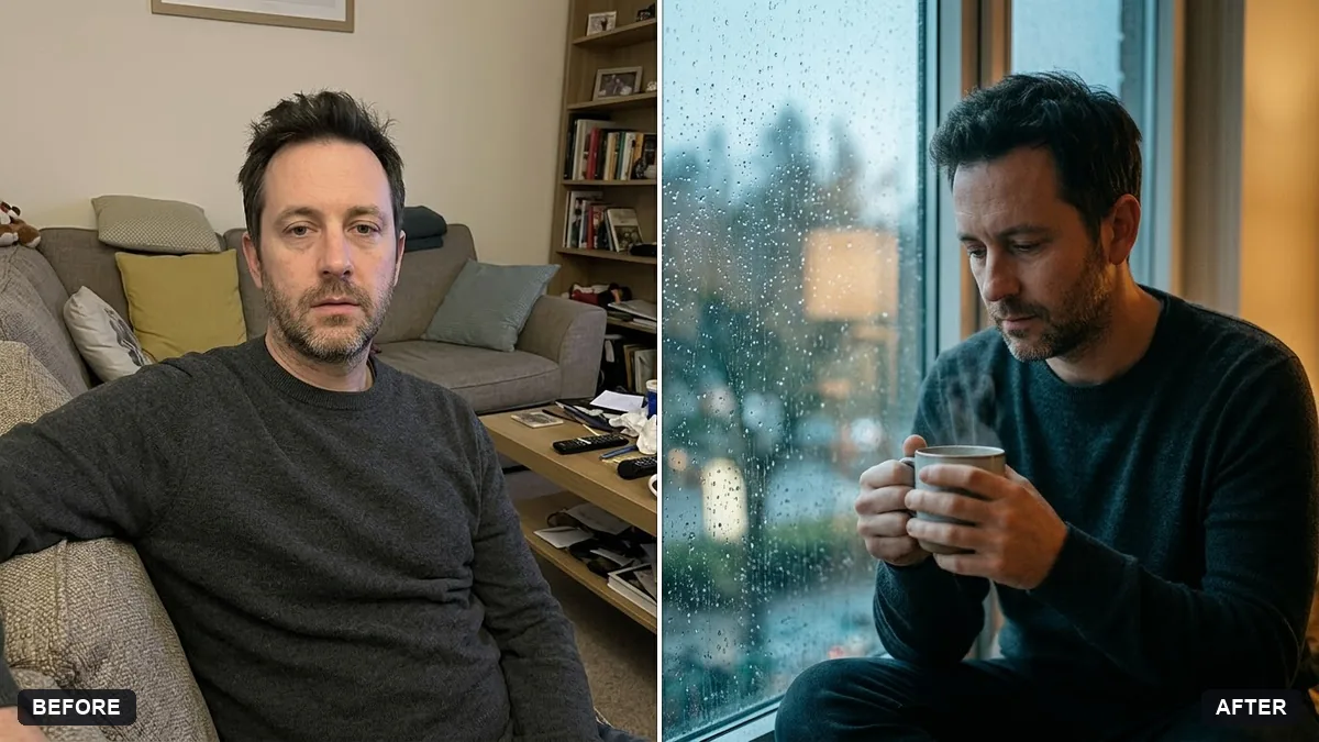 Before and after example: Moody rainy window portrait