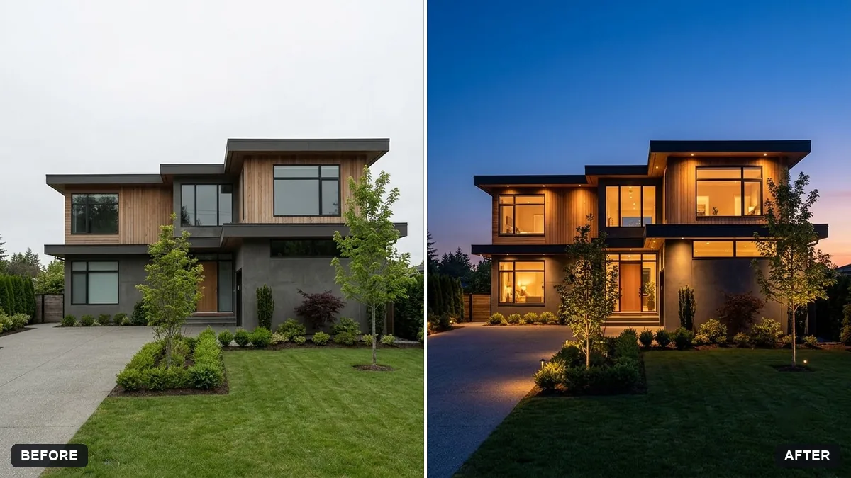 Before and after example: Property exterior at twilight