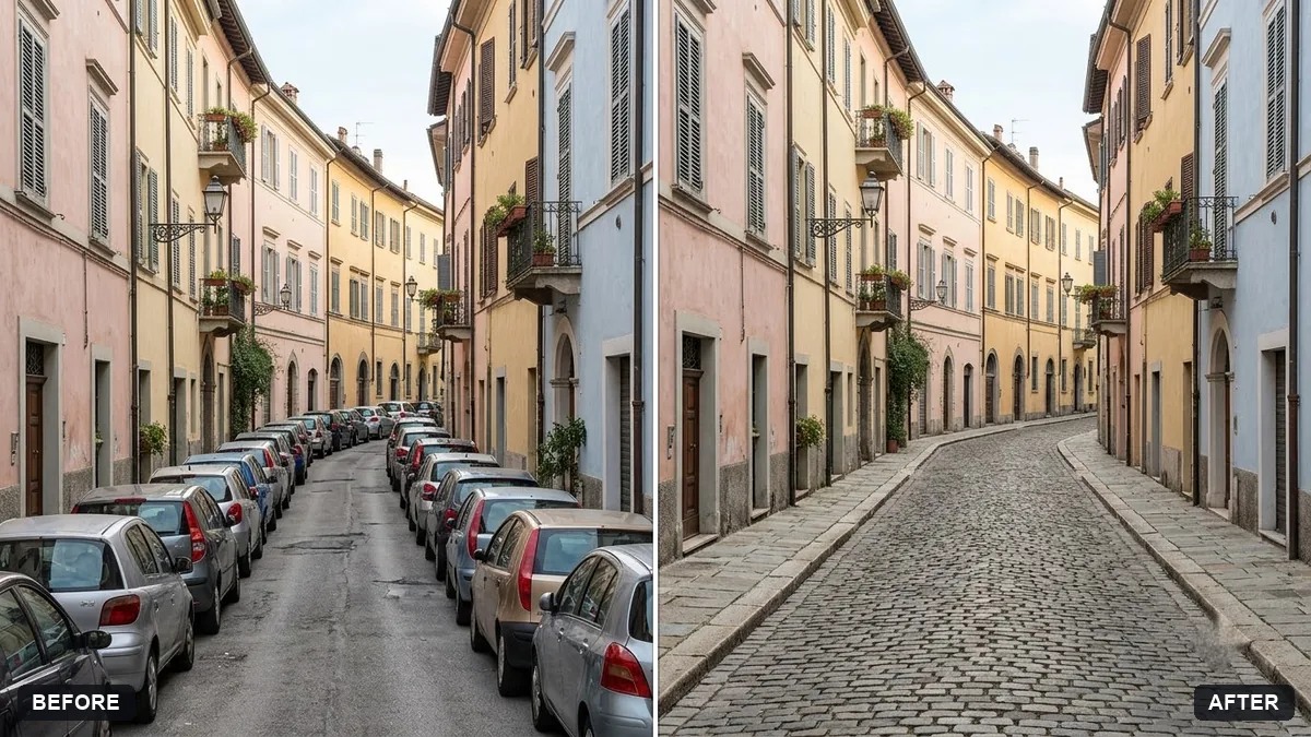 Before and after example: Remove parked cars from a street photo
