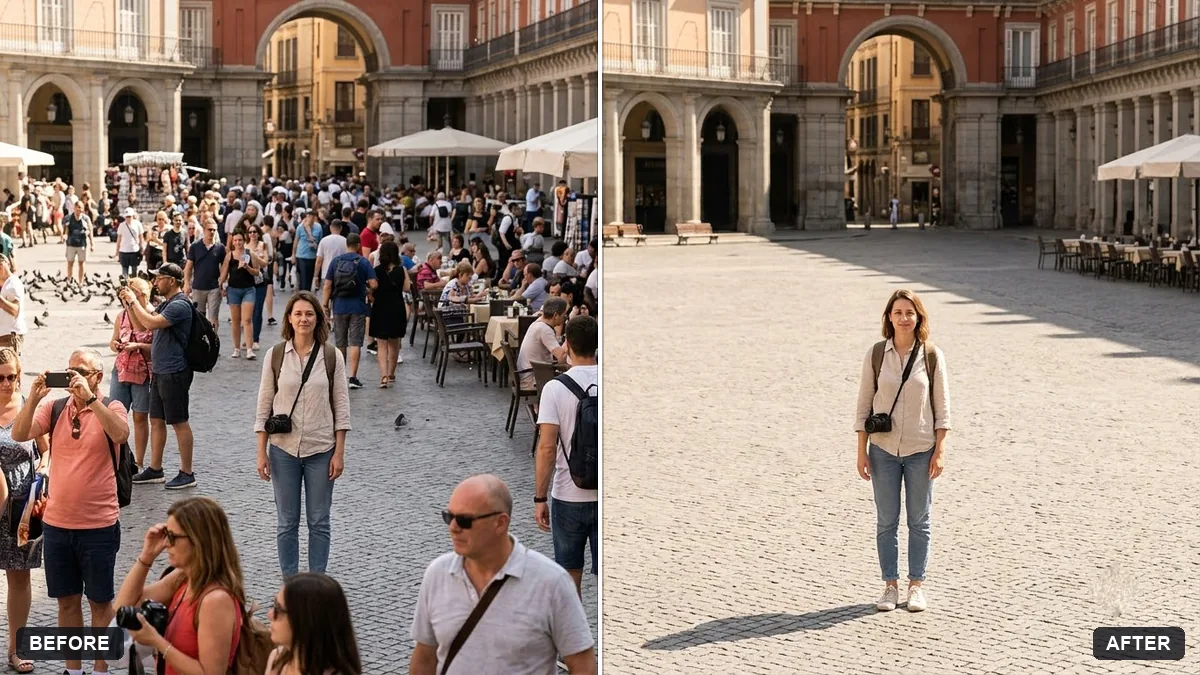 Before and after example: Remove crowds from a tourist photo