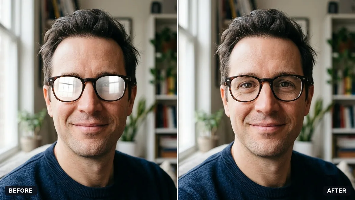 Before and after example: Remove glare from eyeglasses