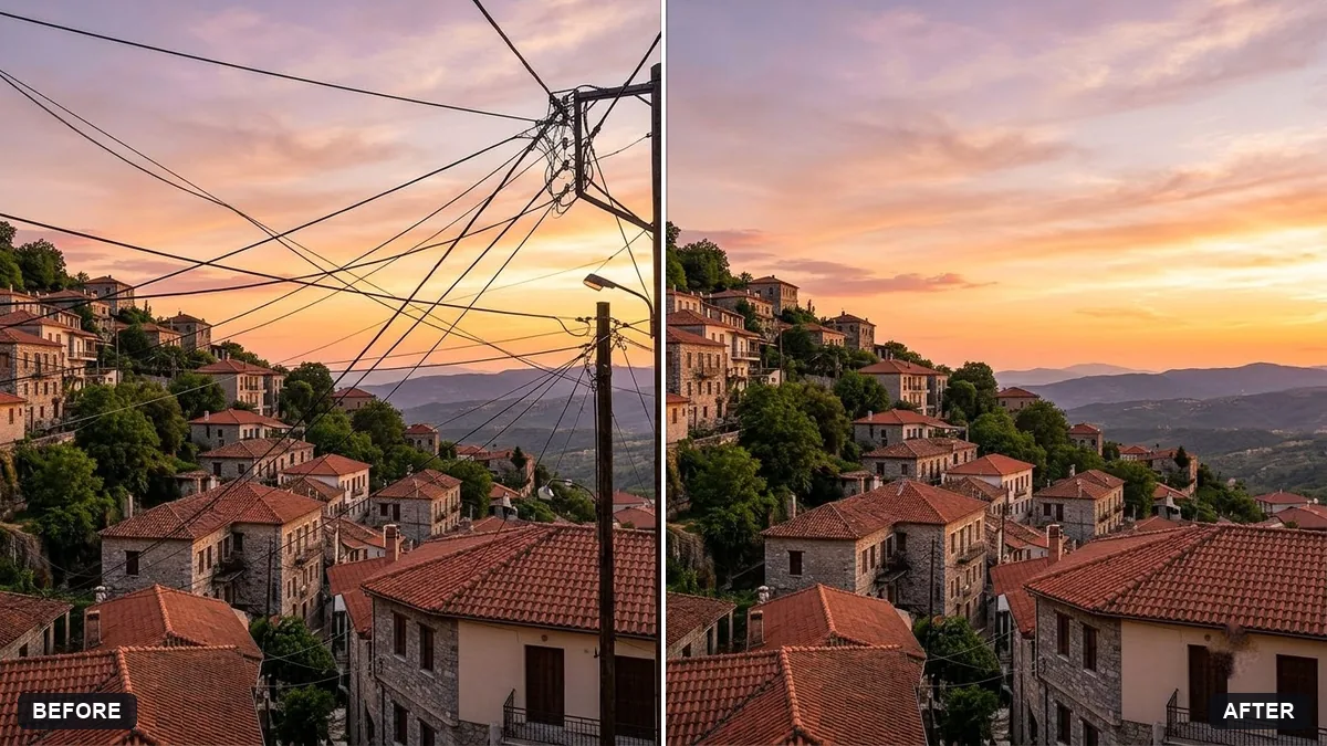 Before and after example: Remove power lines and wires from the sky