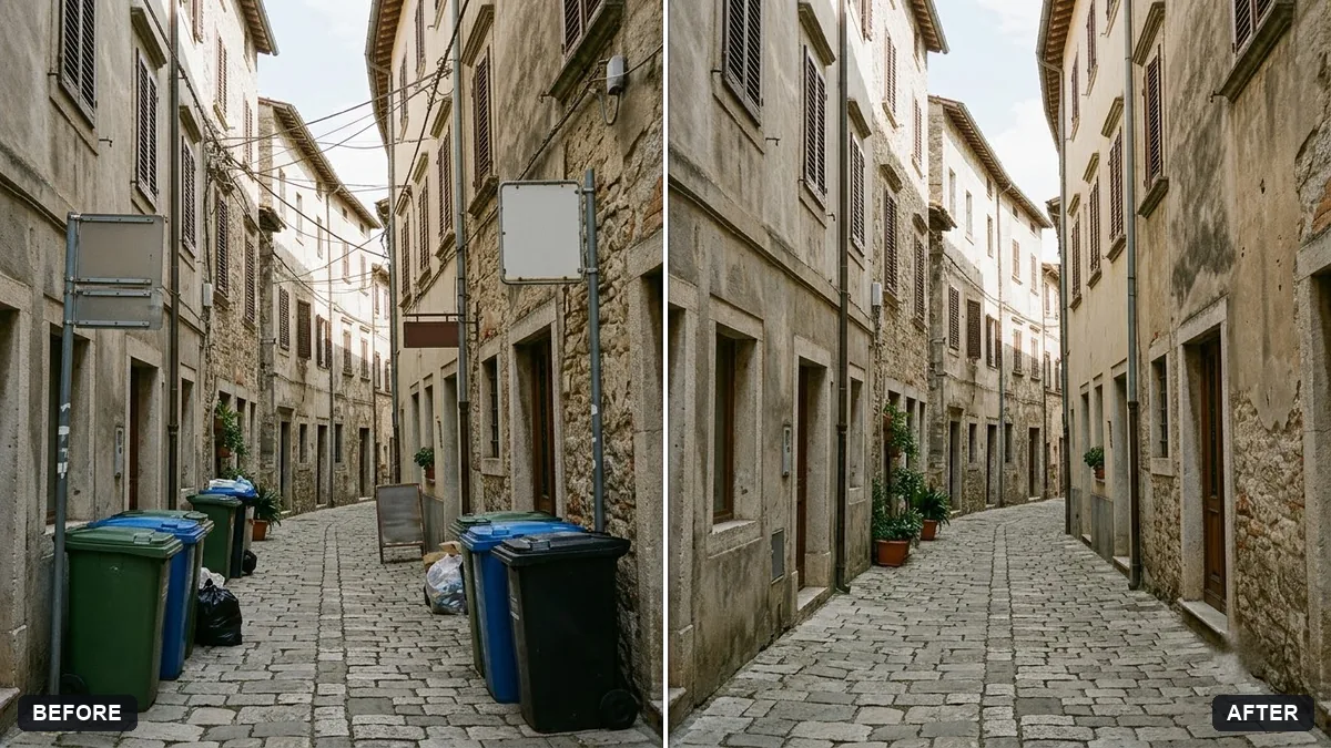 Before and after example: Remove signs and clutter from a street photo