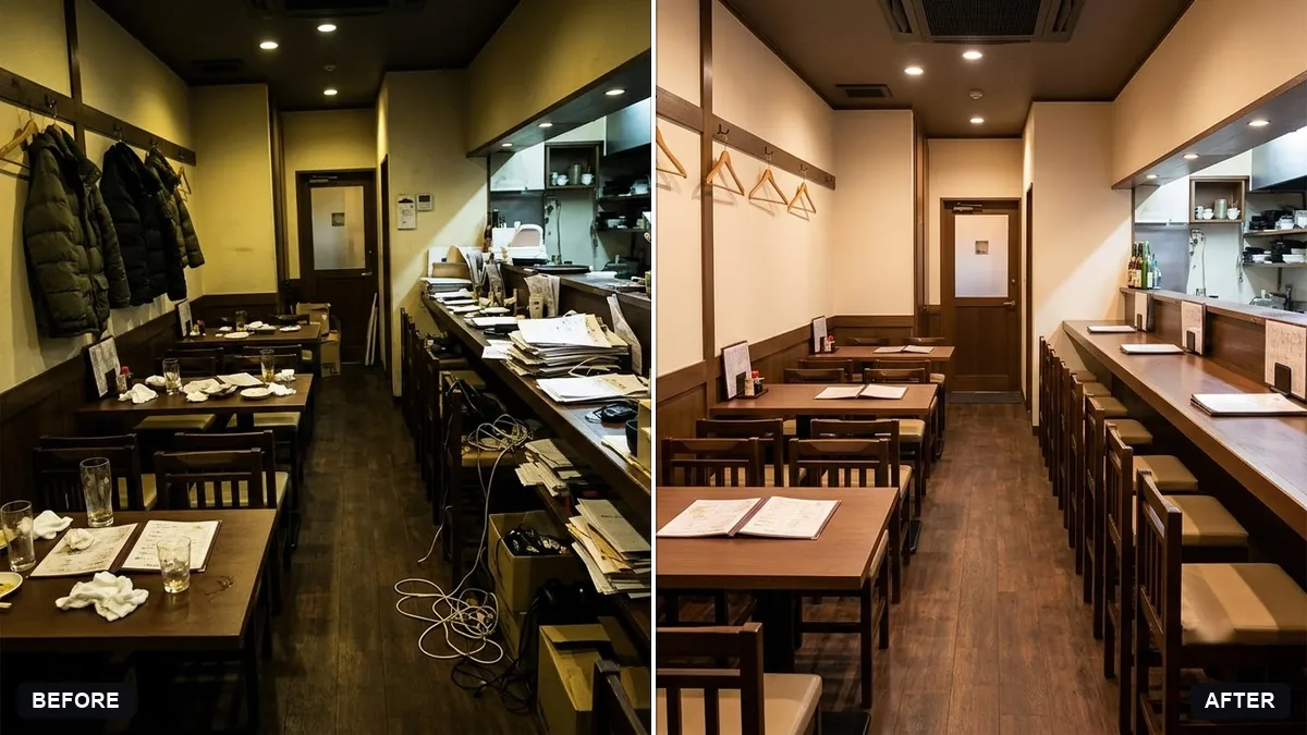 Before and after example: Brighten a restaurant interior photo