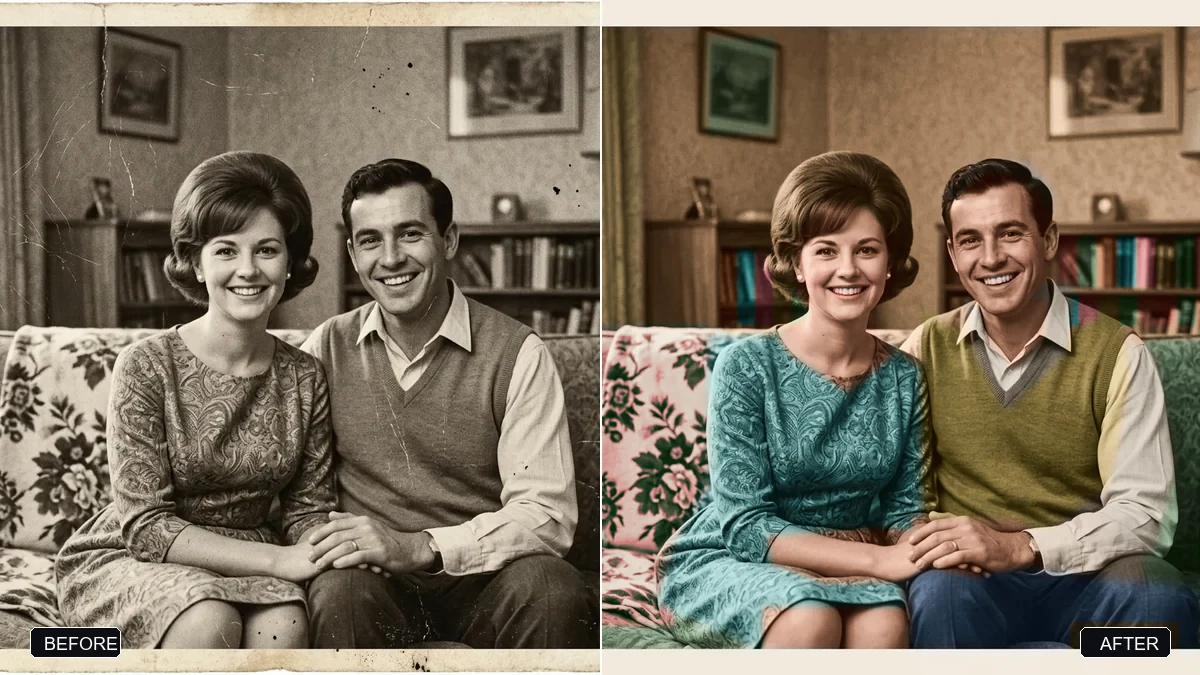 Before and after example: Restore an old, damaged family photo