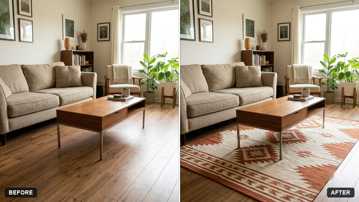 Before and after example: Preview a rug in your room