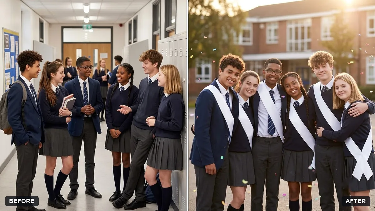 Before and after example: School farewell group photo