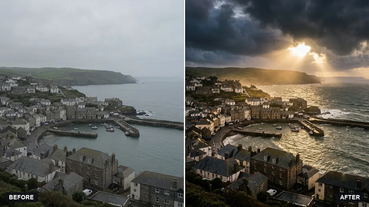 Before and after example: Add a dramatic stormy sky