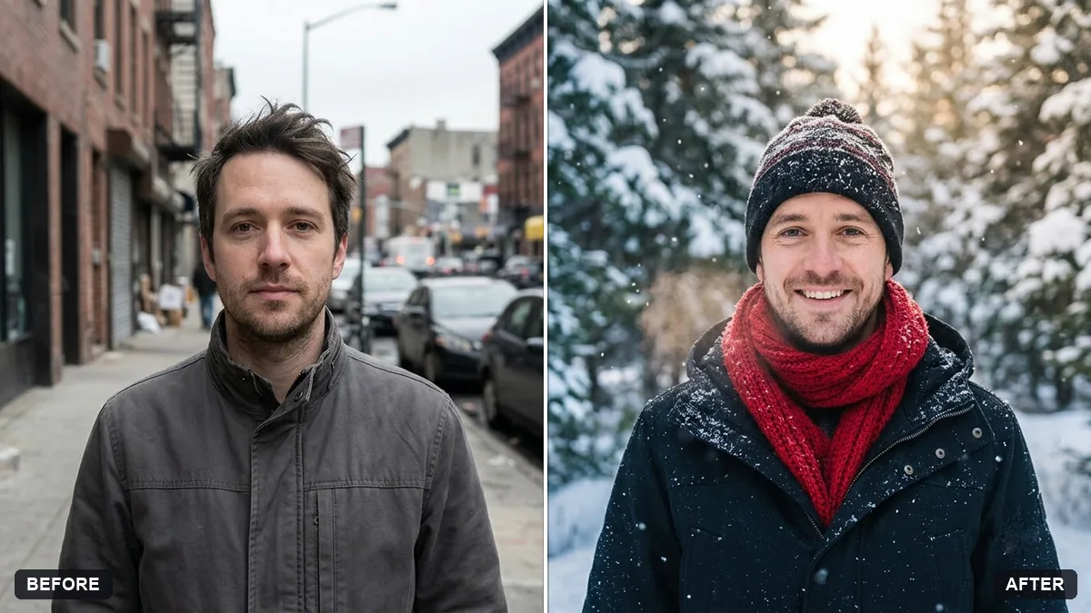 Before and after example: Snowy winter portrait