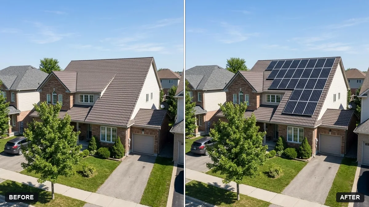 Before and after example: Preview solar panels on a roof