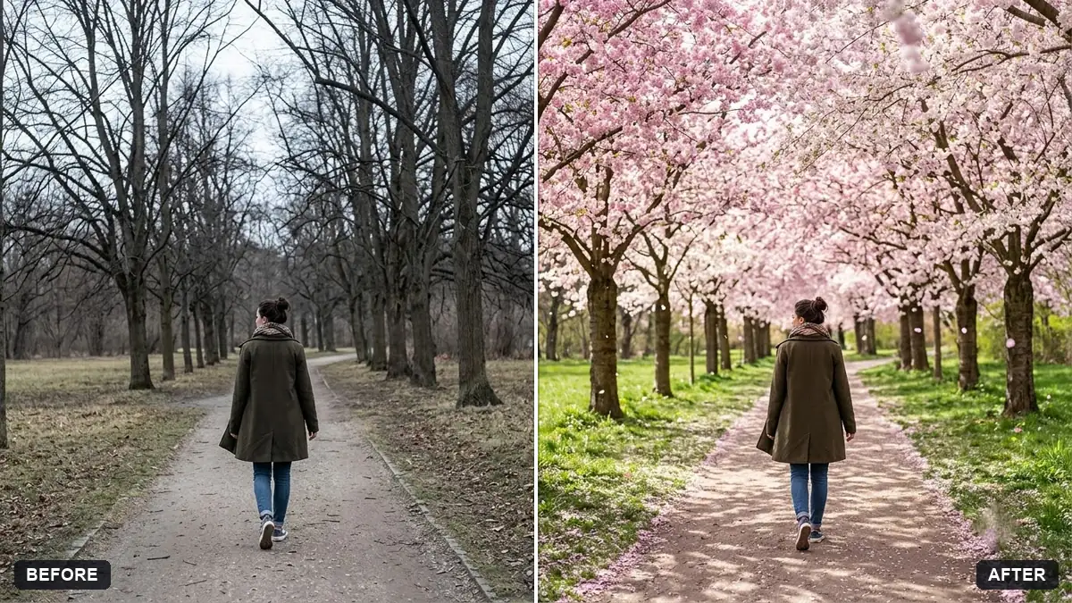 Before and after example: Add spring blossom to trees