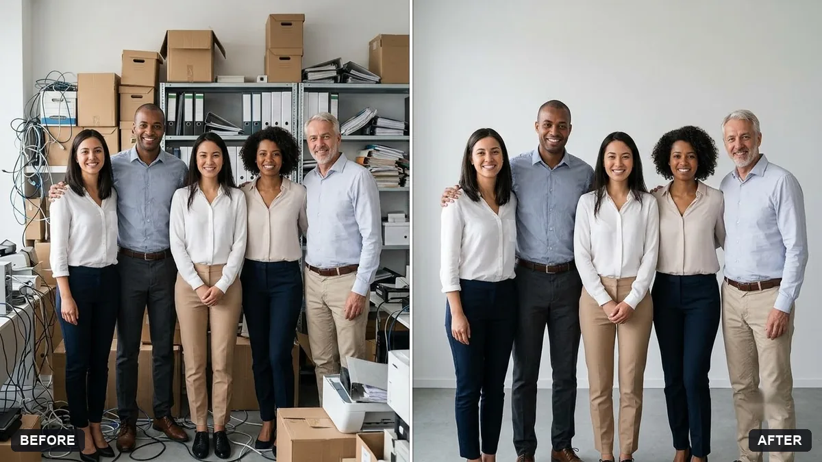 Before and after example: Tidy the background of a team photo