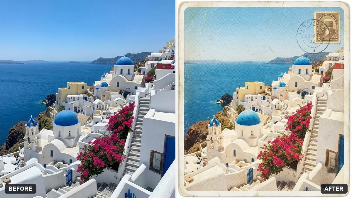 Before and after example: Turn a travel photo into a postcard