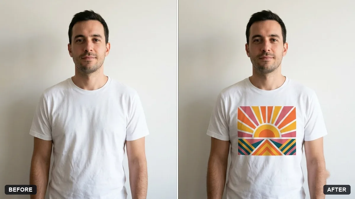 Before and after example: T-shirt design mockup on a person