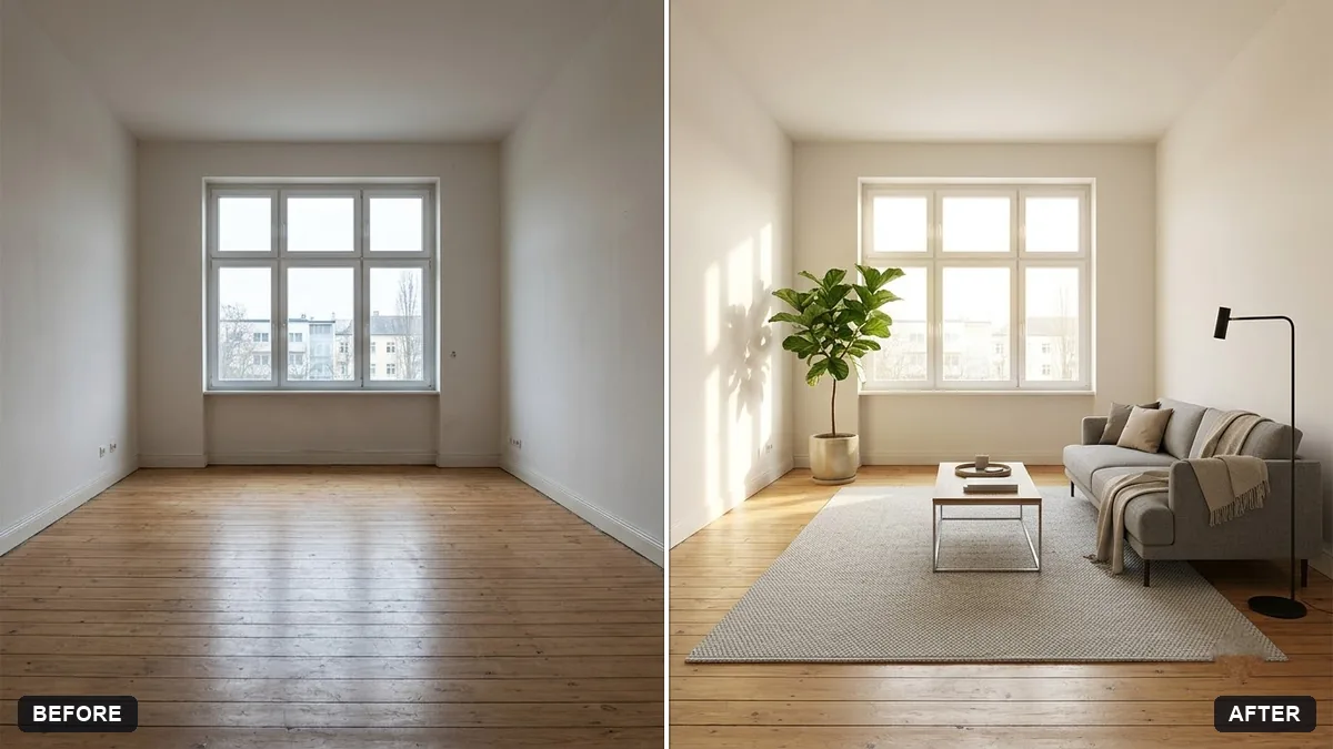 Before and after example: Virtually stage an empty room for listings