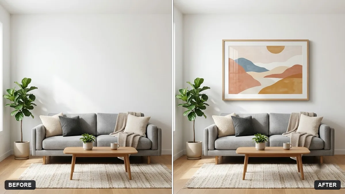 Before and after example: Wall art in a room mockup