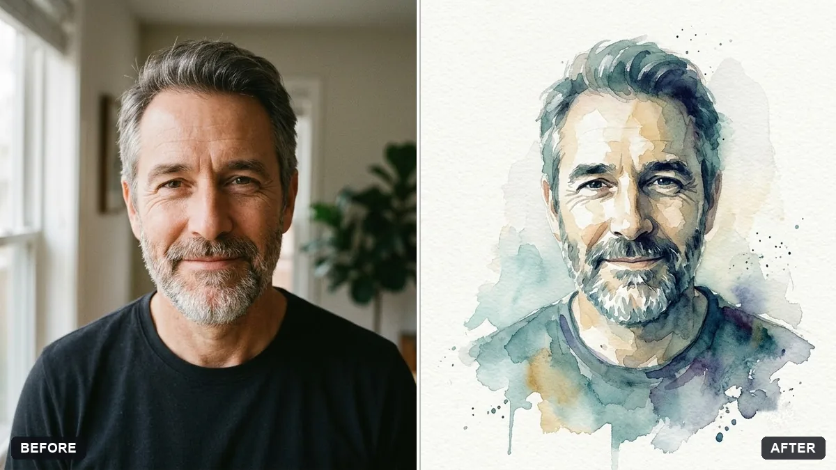 Before and after example: Watercolour painting from your portrait