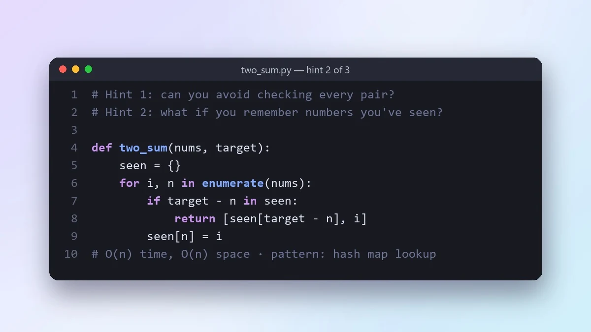 Example result: Practise coding interview problems with hints