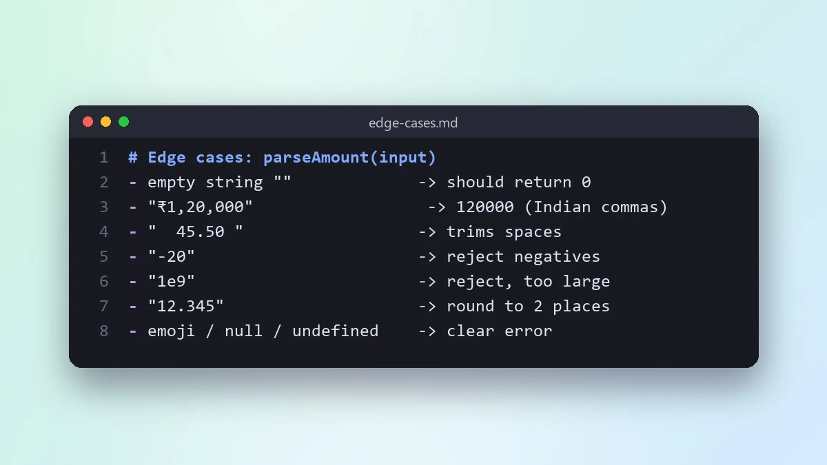 Example result: List the edge cases your code might miss