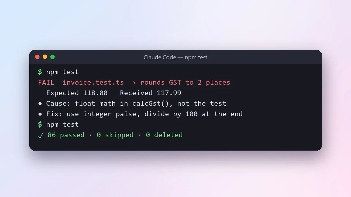 Example result: Let an AI agent fix failing tests properly