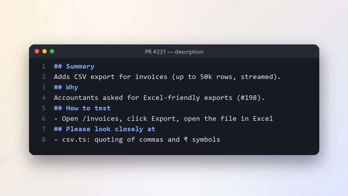 Example result: Write a pull request description reviewers love