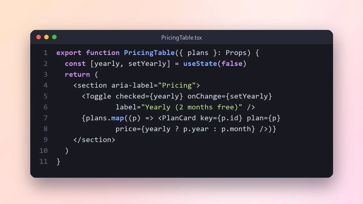 Example result: Build a React component from a description