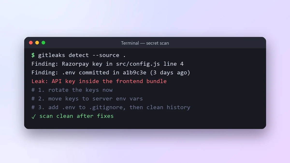 Example result: Check your code for leaked API keys and secrets