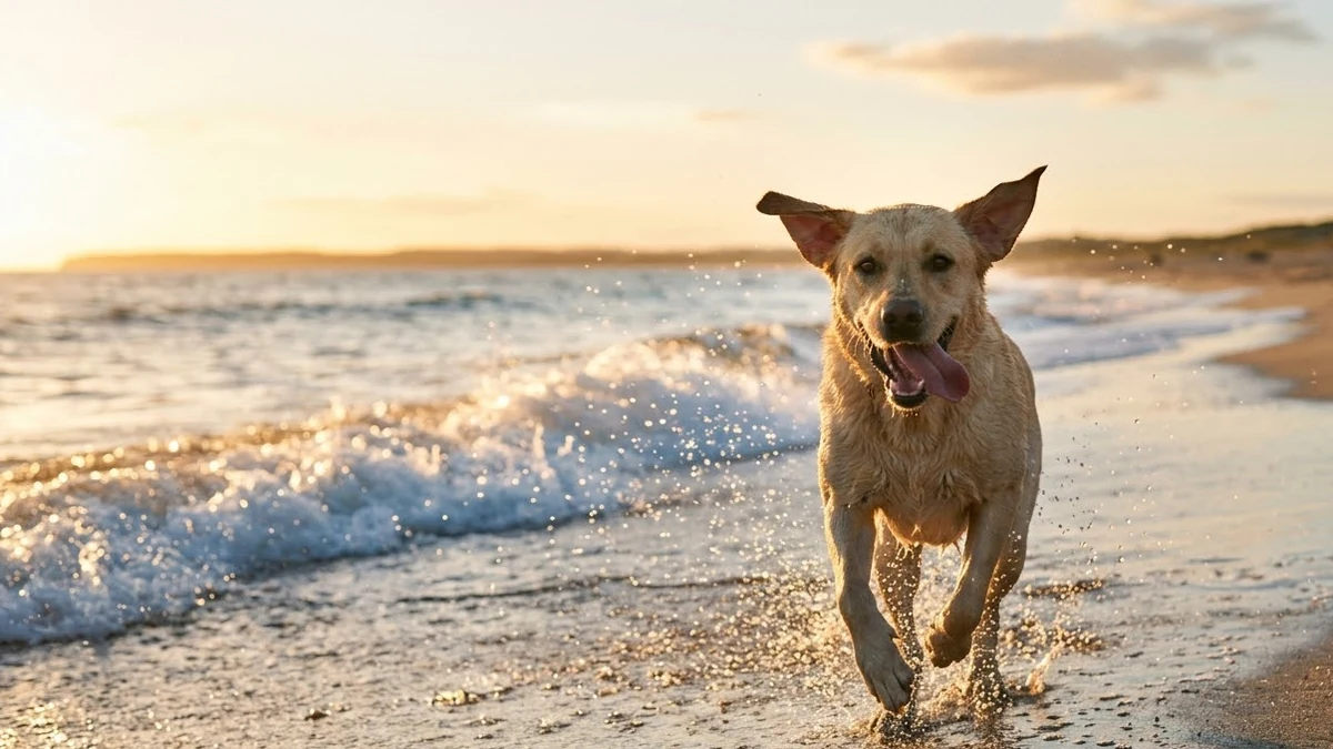Example result: Happy dog running on the beach
