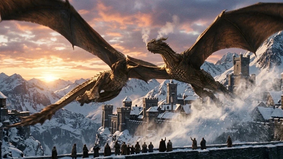 Example result: Dragon flying over a mountain kingdom