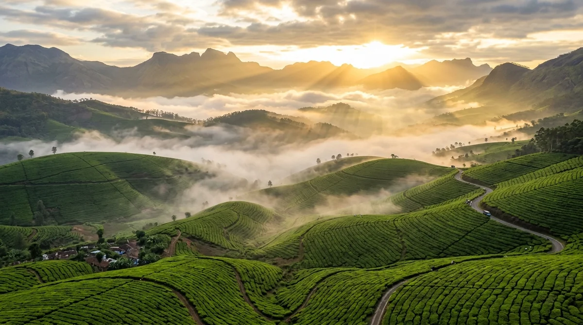 Example result: Drone shot over mountains at sunrise