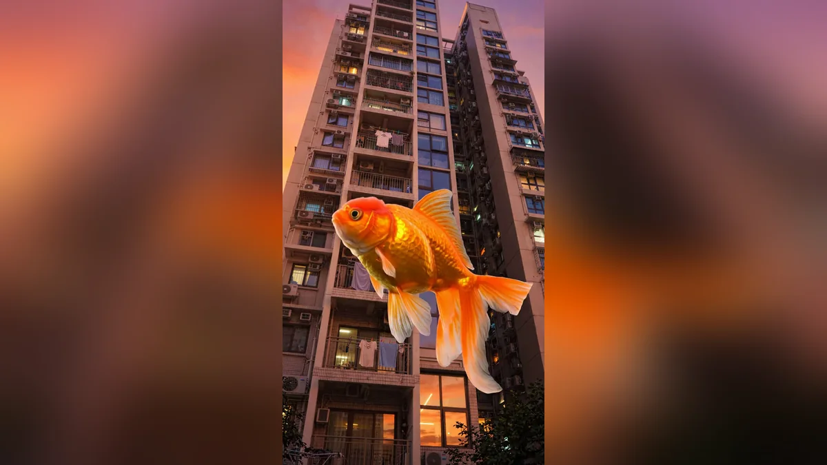 Example result: Giant goldfish drifting past apartment windows