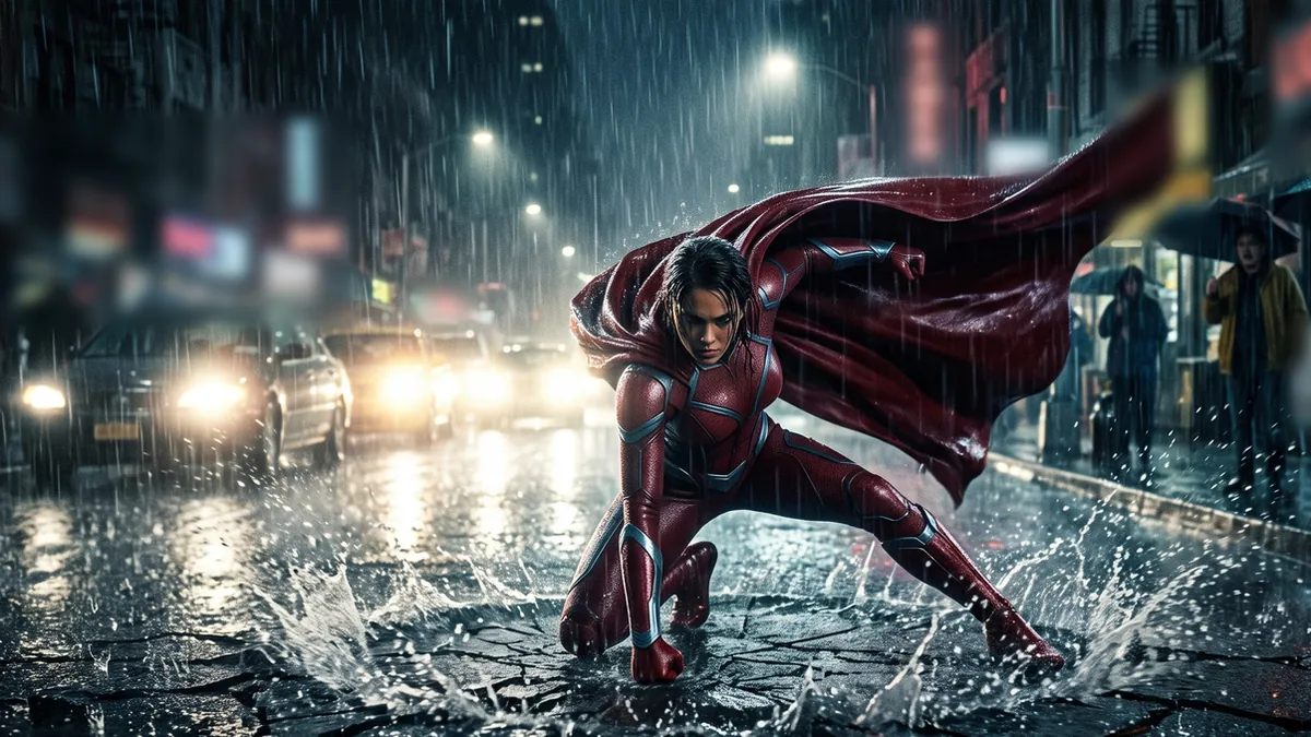 Example result: Superhero landing in a city street