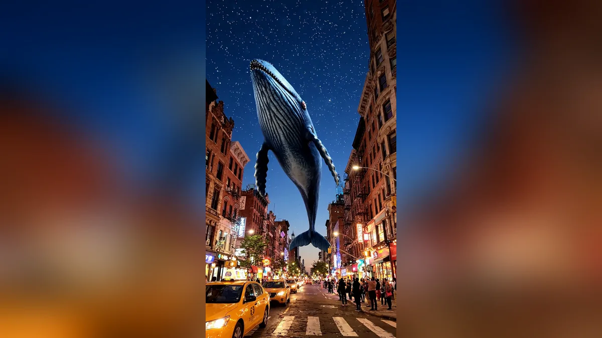 Example result: Whale floating over a city street